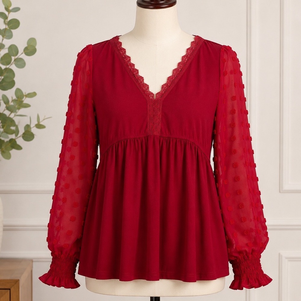 Missky Womens Red Swiss Dot Balloon Sleeve Lace Trim Babydoll Blouse Top Medium